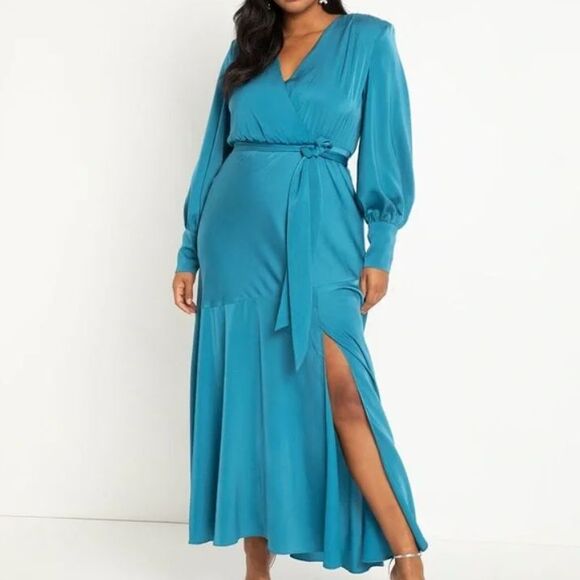NWT Eloquii Satin Maxi Dress Women 22 Teal Shoulder Pads Belt Slit Glam Feminine - Picture 1 of 15